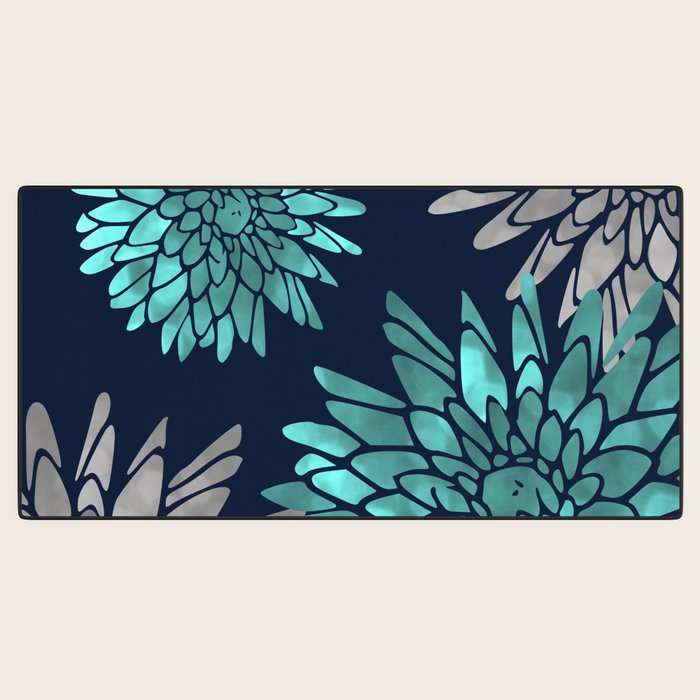 Floral Chrysanthemum Modern Navy Aqua Desk Mat Gallery Image 3