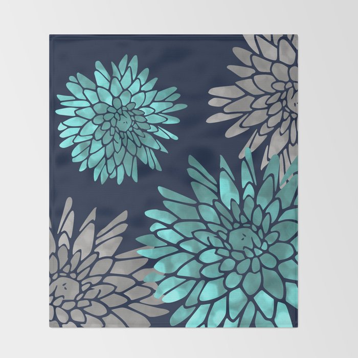 Floral Chrysanthemum Modern Navy Aqua Throw Blanket Gallery Image 2