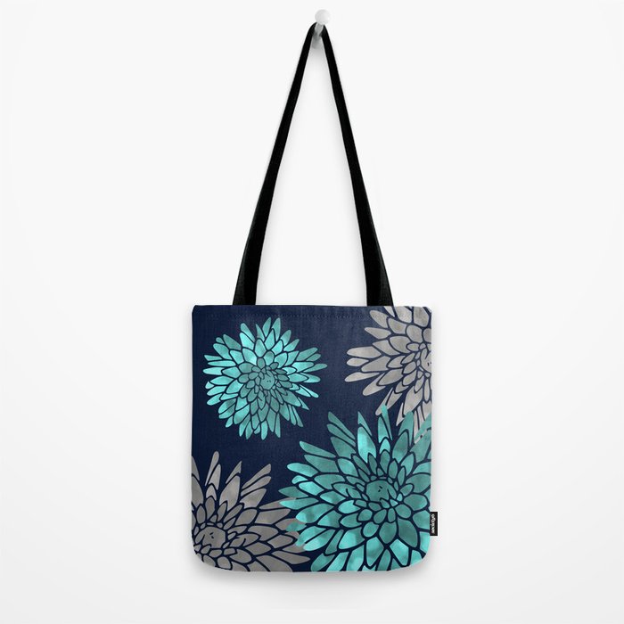 Floral Chrysanthemum Modern Navy Aqua Tote Bag Gallery Image 2