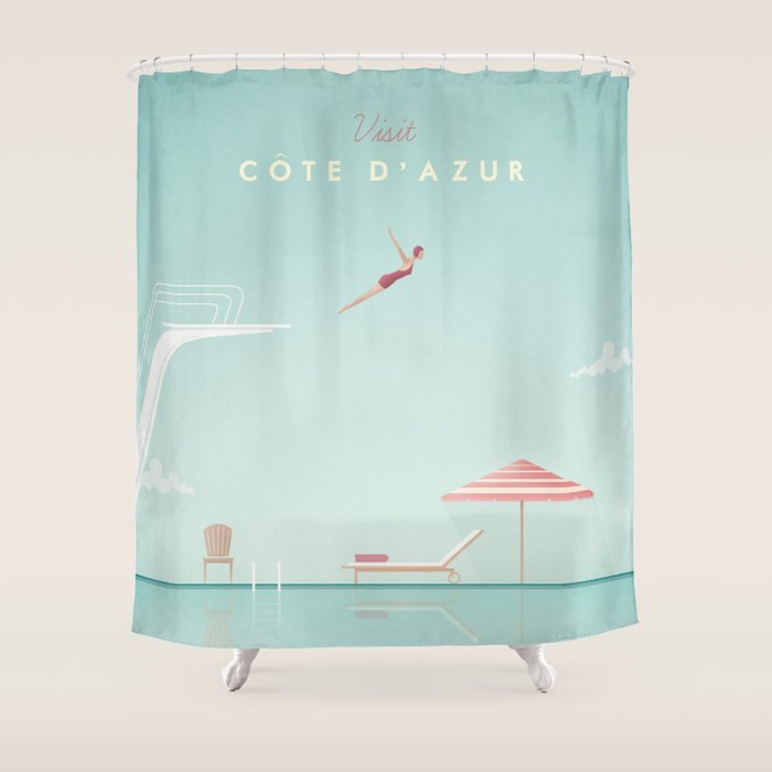 Vintage Côte d'Azur Travel Poster Shower Curtain Gallery Image 1