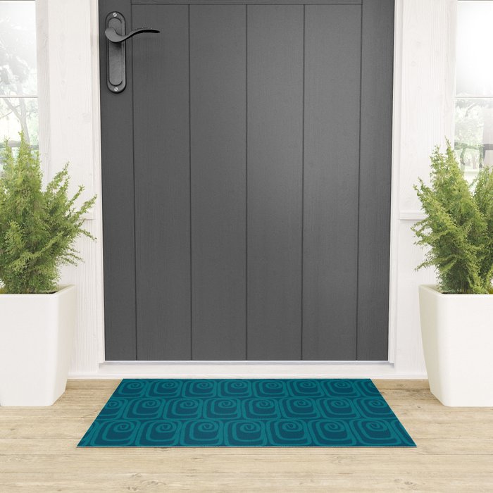 Mid Century Modern Twist 50s 60s Pattern in Moroccan Blue Tone Welcome Mat Gallery Image 3