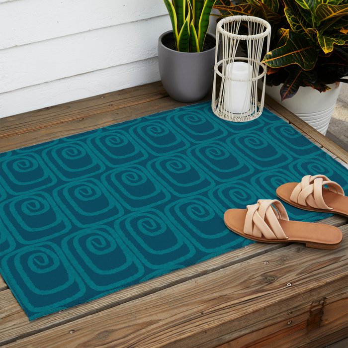 Mid Century Modern Twist 50s 60s Pattern in Moroccan Blue Tone Outdoor Rug Gallery Image 2