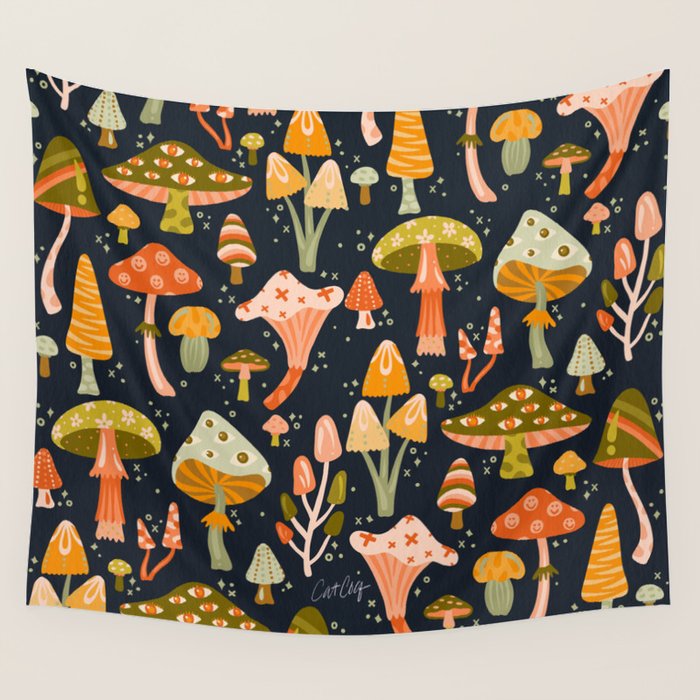 Mystic Mushrooms - Khaki & Green on Navy Wall Tapestry Gallery Image 1