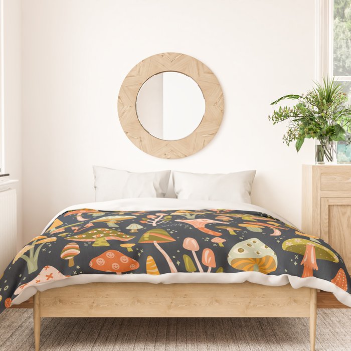 Mystic Mushrooms - Khaki & Green on Navy Duvet Cover Gallery Image 3