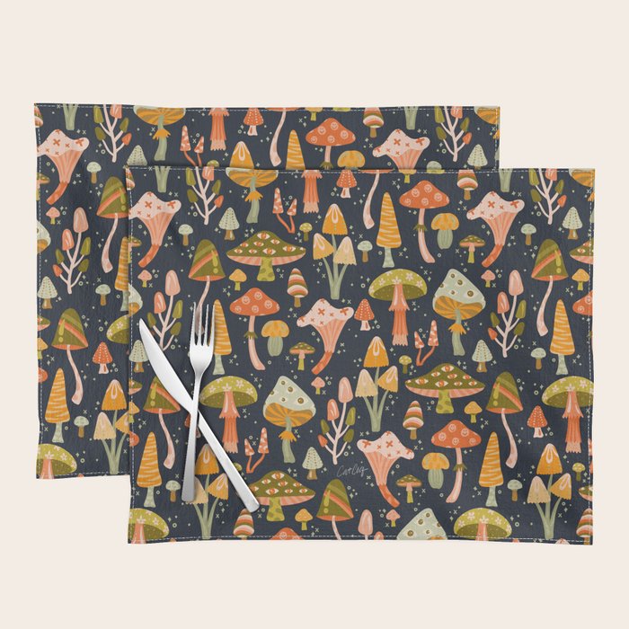 Mystic Mushrooms - Khaki & Green on Navy Placemat Gallery Image 1