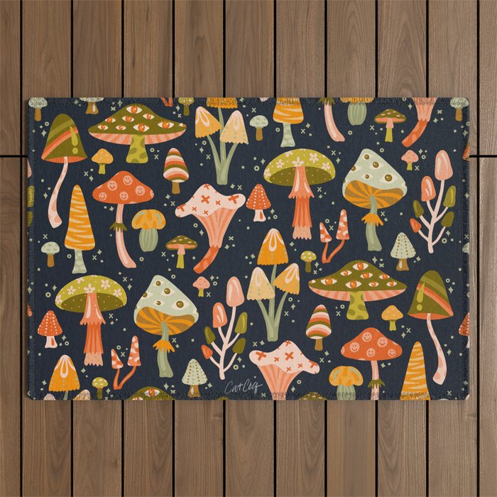 Mystic Mushrooms - Khaki & Green on Navy Outdoor Rug Gallery Image 1