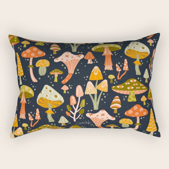 Mystic Mushrooms - Khaki & Green on Navy Rectangular Pillow Gallery Image 1