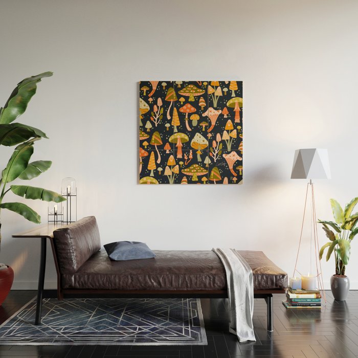 Mystic Mushrooms - Khaki & Green on Navy Wood Wall Art Gallery Image 2