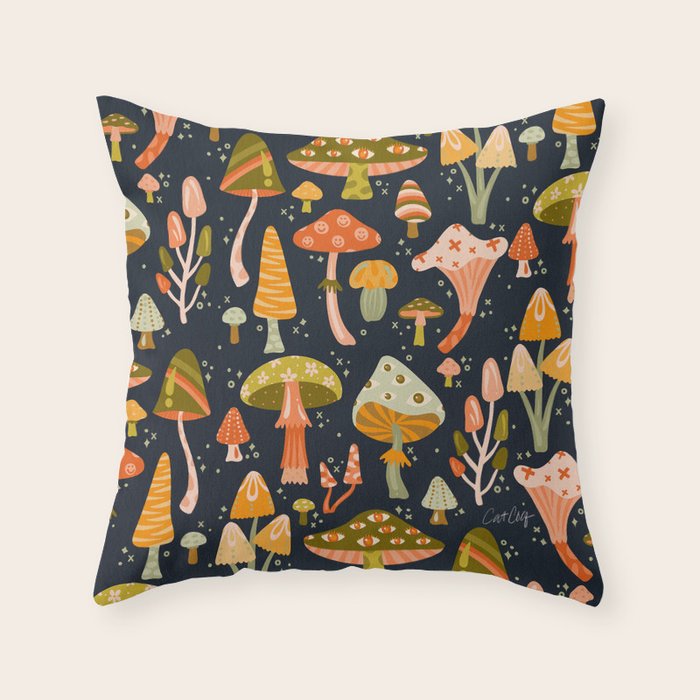 Mystic Mushrooms - Khaki & Green on Navy Throw Pillow Gallery Image 1