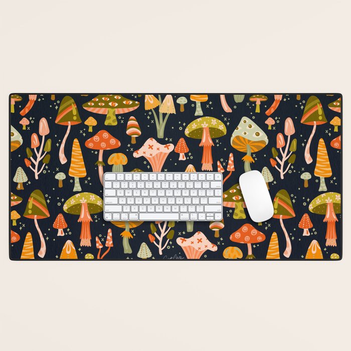 Mystic Mushrooms - Khaki & Green on Navy Desk Mat Gallery Image 1