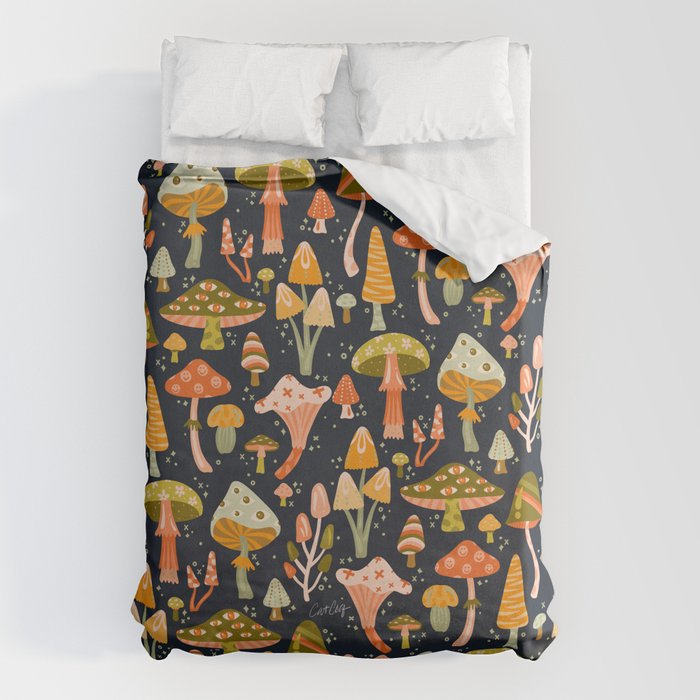 Mystic Mushrooms - Khaki & Green on Navy Duvet Cover Gallery Image 1
