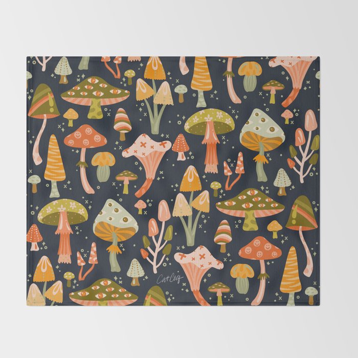 Mystic Mushrooms - Khaki & Green on Navy Throw Blanket Gallery Image 2