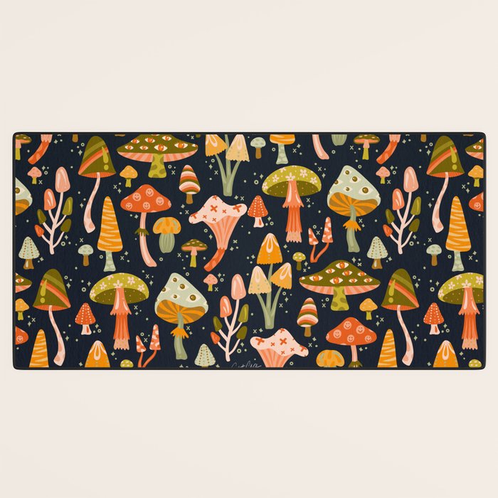 Mystic Mushrooms - Khaki & Green on Navy Desk Mat Gallery Image 3