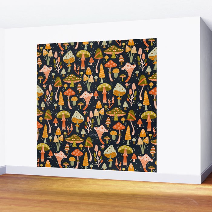 Mystic Mushrooms - Khaki & Green on Navy Wall Mural Gallery Image 2