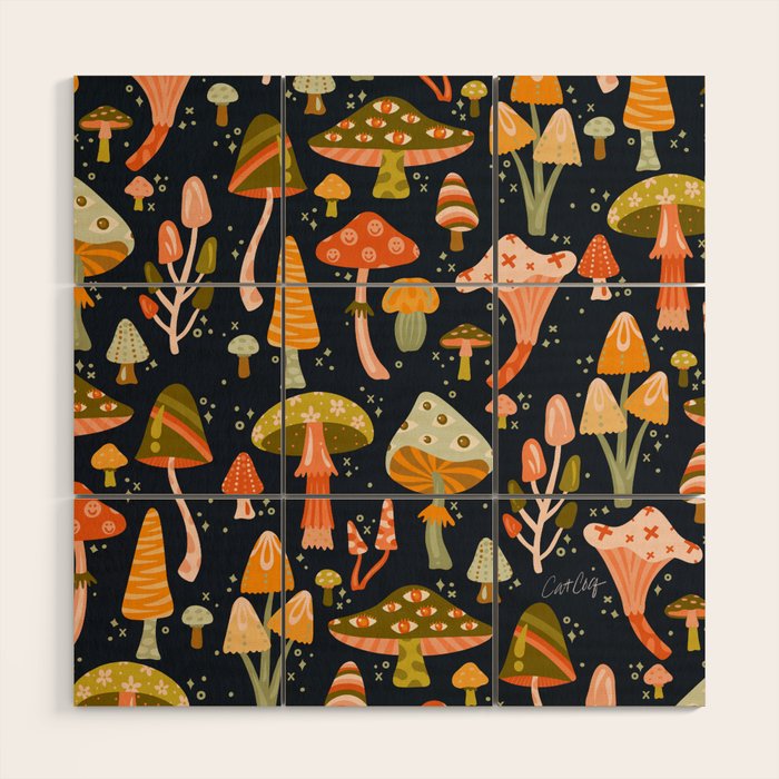 Mystic Mushrooms - Khaki & Green on Navy Wood Wall Art Gallery Image 1