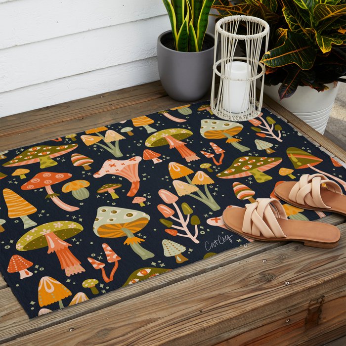 Mystic Mushrooms - Khaki & Green on Navy Outdoor Rug Gallery Image 2