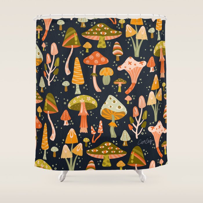 Mystic Mushrooms - Khaki & Green on Navy Shower Curtain Gallery Image 1