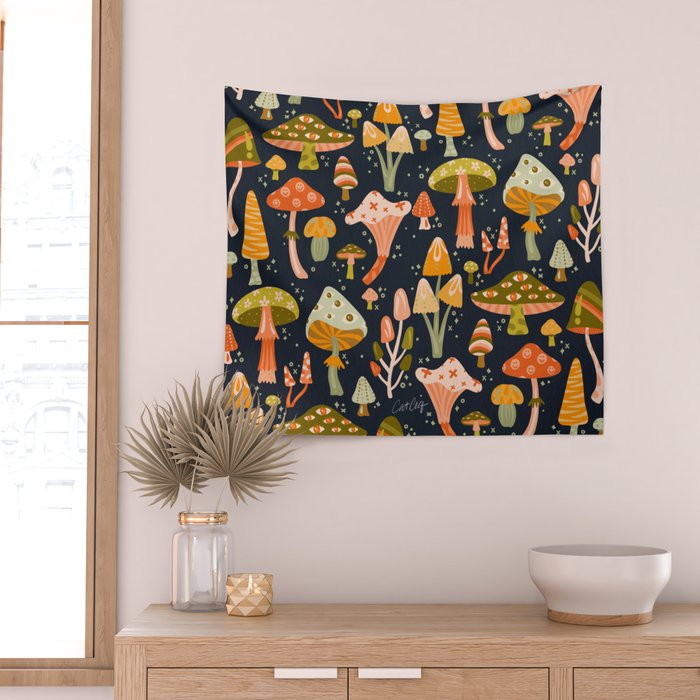 Mystic Mushrooms - Khaki & Green on Navy Wall Tapestry Gallery Image 2