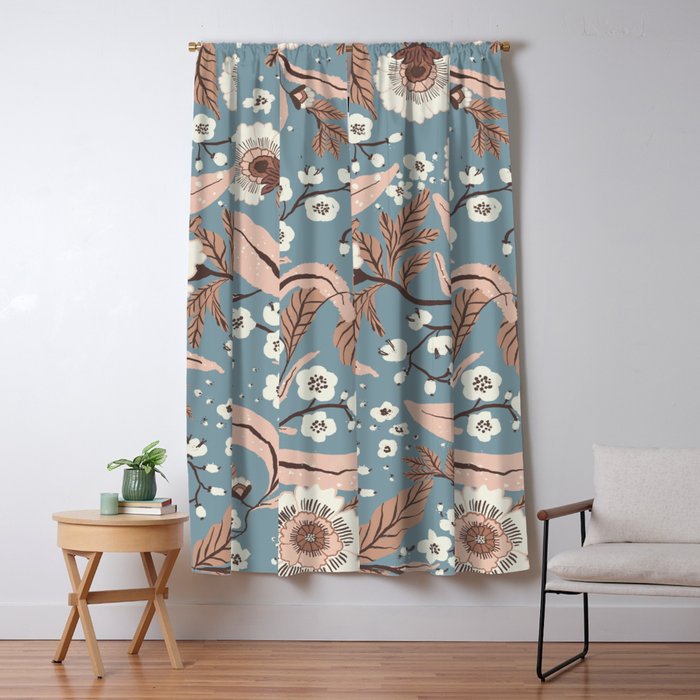 Mocha Mousse and  Nordic Blue Floral Vintage Winter Botanical Pattern Window Curtain Gallery Image 5