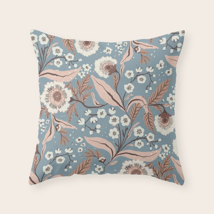 Mocha Mousse and  Nordic Blue Floral Vintage Winter Botanical Pattern Throw Pillow Gallery Image 6