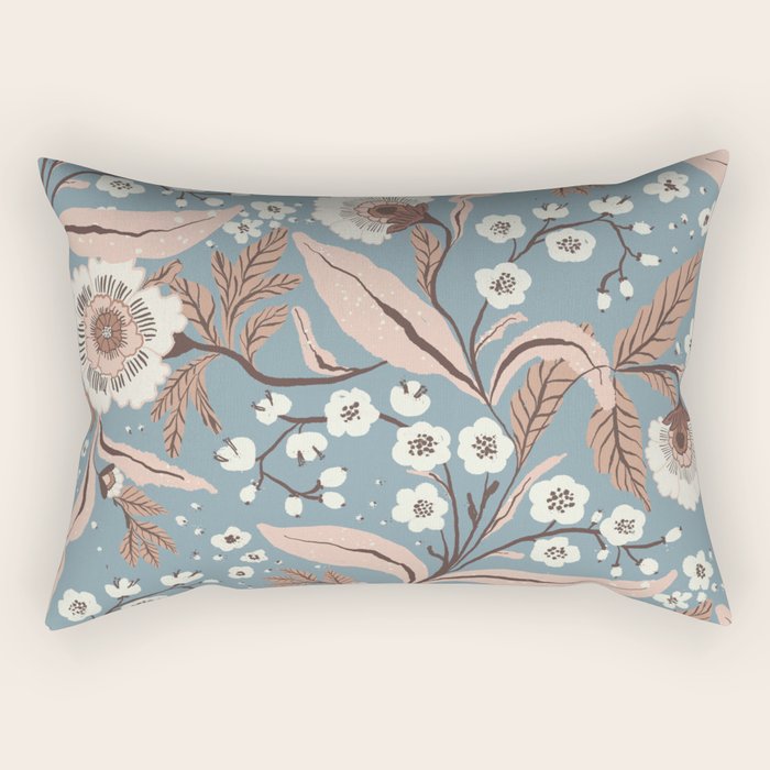 Mocha Mousse and  Nordic Blue Floral Vintage Winter Botanical Pattern Rectangular Pillow Gallery Image 2