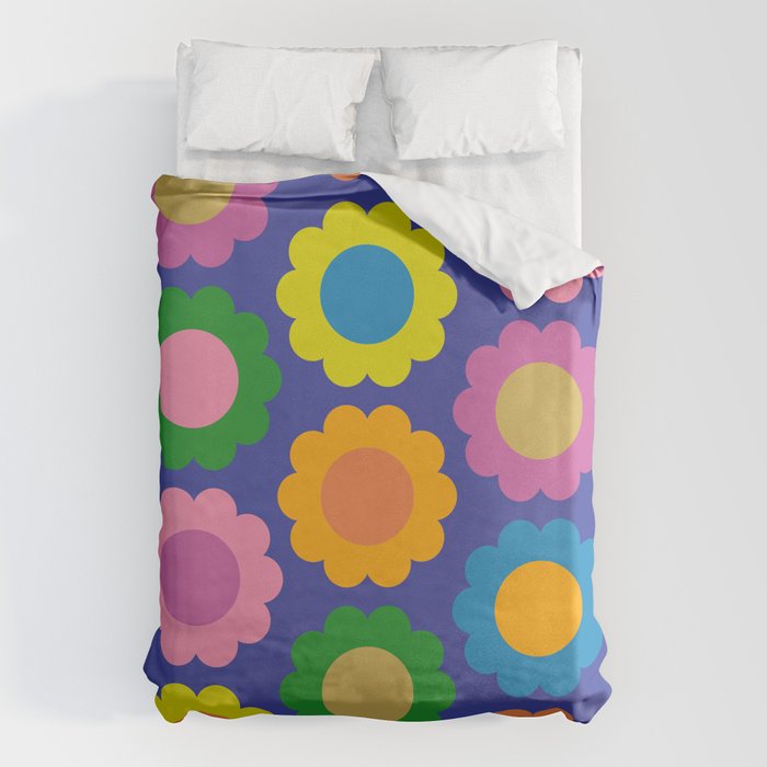 Happy Flowers Colorful Cheerful Retro Pattern on Blue Duvet Cover Gallery Image 1
