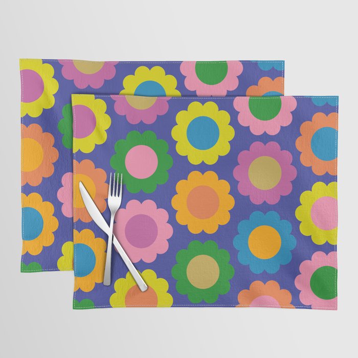 Happy Flowers Colorful Cheerful Retro Pattern on Blue Placemat Gallery Image 1