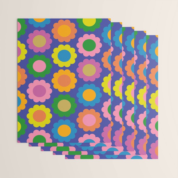 Happy Flowers Colorful Cheerful Retro Pattern on Blue Wrapping Paper Gallery Image 3