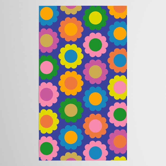 Happy Flowers Colorful Cheerful Retro Pattern on Blue Tablecloth Gallery Image 2
