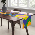 Happy Flowers Colorful Cheerful Retro Pattern on Blue Table Runner Gallery Image 2