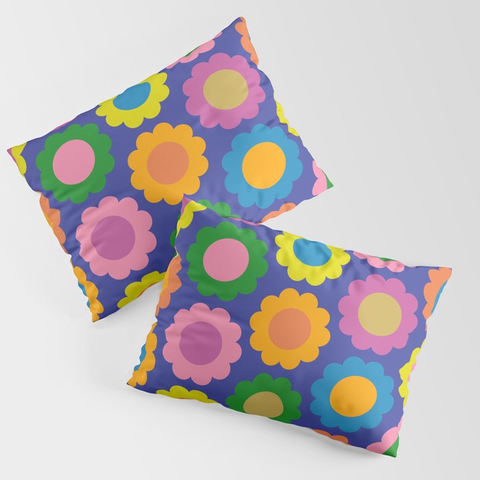 Happy Flowers Colorful Cheerful Retro Pattern on Blue Pillow Sham Gallery Image 3