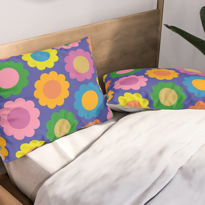 Happy Flowers Colorful Cheerful Retro Pattern on Blue Pillow Sham Gallery Image 2