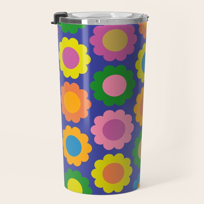 Happy Flowers Colorful Cheerful Retro Pattern on Blue Travel Mug Gallery Image 3