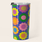 Happy Flowers Colorful Cheerful Retro Pattern on Blue Travel Mug Gallery Image 3