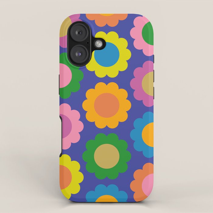 Happy Flowers Colorful Cheerful Retro Pattern on Blue iPhone Case Gallery Image 1