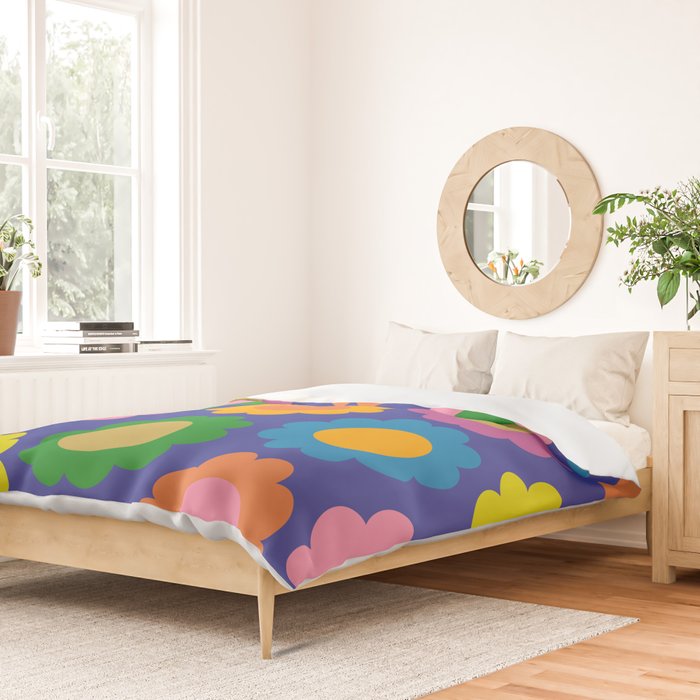 Happy Flowers Colorful Cheerful Retro Pattern on Blue Duvet Cover Gallery Image 2