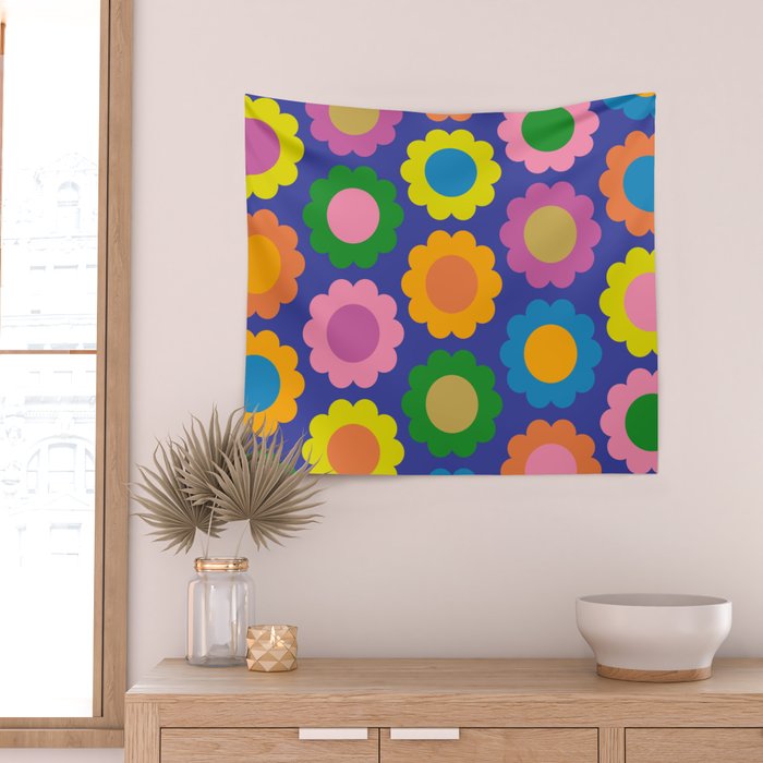 Happy Flowers Colorful Cheerful Retro Pattern on Blue Wall Tapestry Gallery Image 2