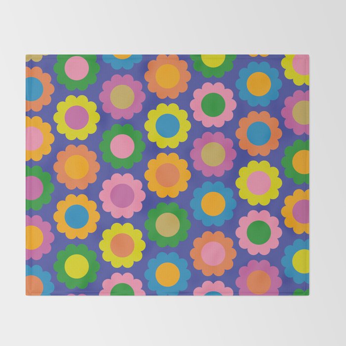 Happy Flowers Colorful Cheerful Retro Pattern on Blue Throw Blanket Gallery Image 2