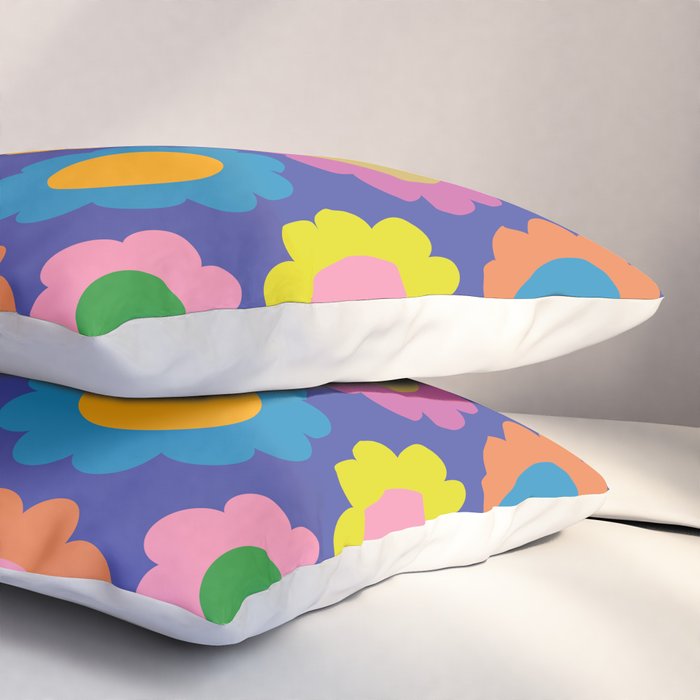 Happy Flowers Colorful Cheerful Retro Pattern on Blue Pillow Sham Gallery Image 3