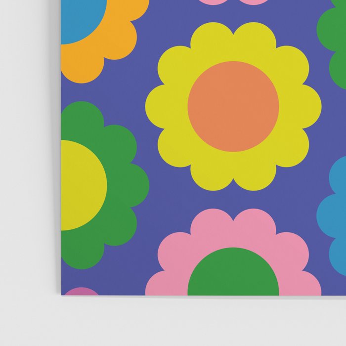 Happy Flowers Colorful Cheerful Retro Pattern on Blue Poster Gallery Image 3