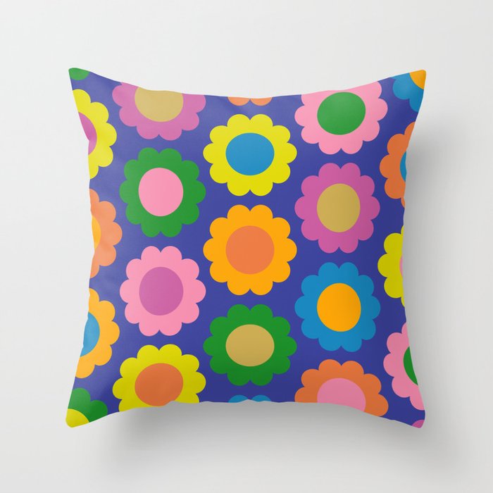 Happy Flowers Colorful Cheerful Retro Pattern on Blue Throw Pillow Gallery Image 6