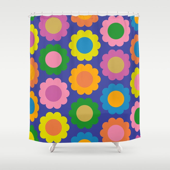 Happy Flowers Colorful Cheerful Retro Pattern on Blue Shower Curtain Gallery Image 1