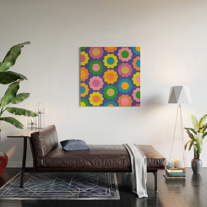Happy Flowers Colorful Cheerful Retro Pattern on Blue Wood Wall Art Gallery Image 2