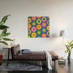 Happy Flowers Colorful Cheerful Retro Pattern on Blue Wood Wall Art Gallery Image 2