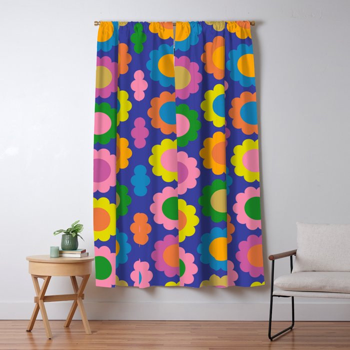 Happy Flowers Colorful Cheerful Retro Pattern on Blue Window Curtain Gallery Image 5