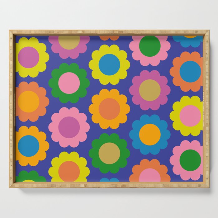 Happy Flowers Colorful Cheerful Retro Pattern on Blue Serving Tray Gallery Image 1