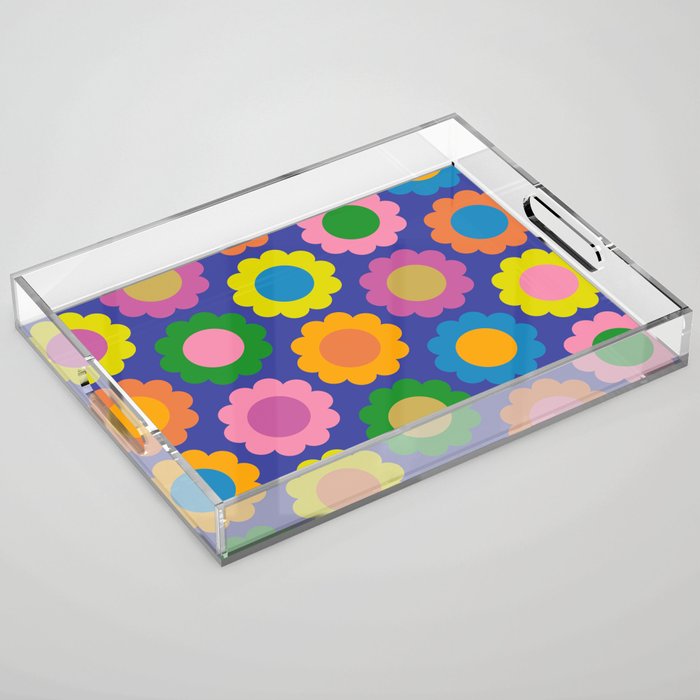 Happy Flowers Colorful Cheerful Retro Pattern on Blue Acrylic Tray Gallery Image 1
