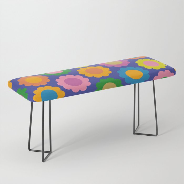 Happy Flowers Colorful Cheerful Retro Pattern on Blue Bench Gallery Image 1