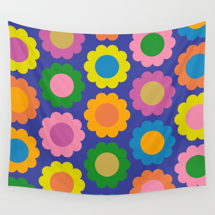 Happy Flowers Colorful Cheerful Retro Pattern on Blue Wall Tapestry Gallery Image 4
