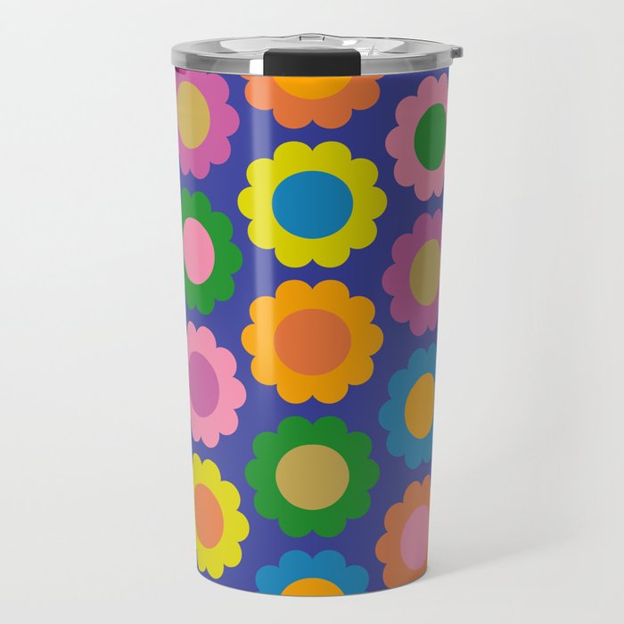 Happy Flowers Colorful Cheerful Retro Pattern on Blue Travel Mug Gallery Image 1